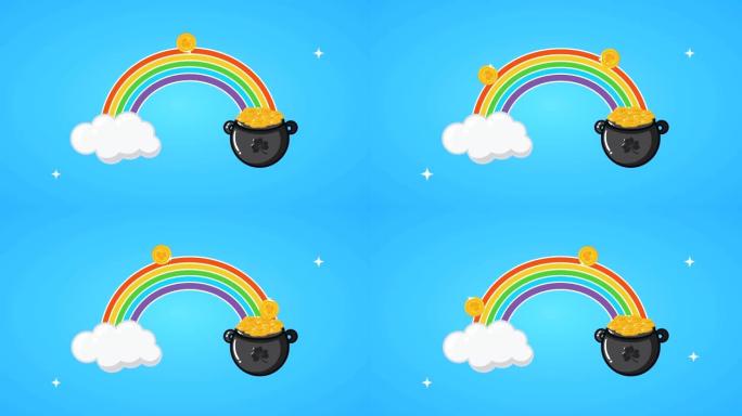 圣帕特里克节动画卡片与彩虹和宝藏大锅