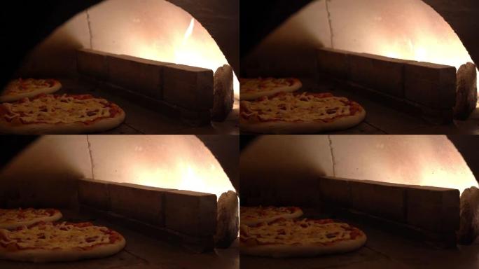 慢动作起重机在烤箱里拍摄披萨烹饪