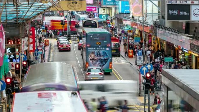 延时: 香港九龙弥敦道旺角法源街市的行人及交通背景