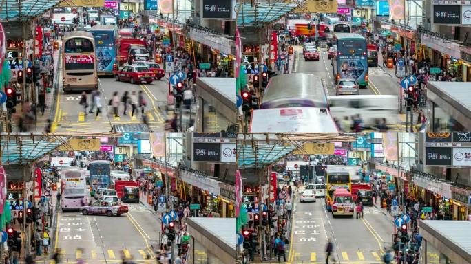 延时: 香港九龙弥敦道旺角法源街市的行人及交通背景