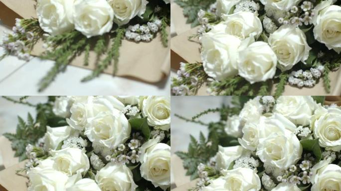 特写白玫瑰花束。爱情概念