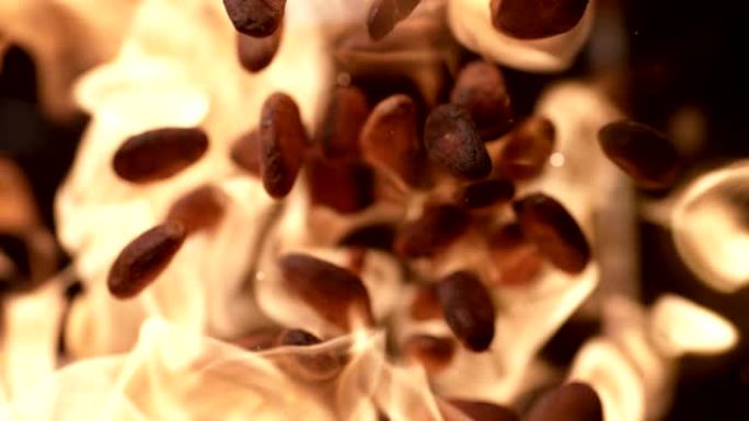 可可豆在火焰上烤。超级慢动作