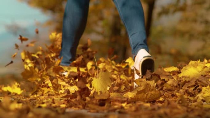 低角度: 穿着紧身牛仔裤的女人嬉戏地沿着满是树叶的小径行走