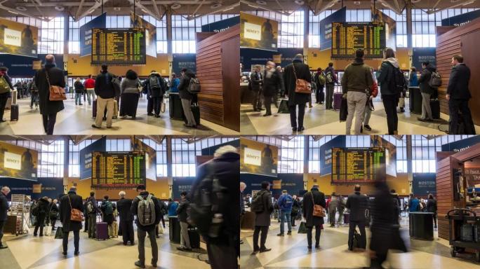 延时拍摄:波士顿通勤铁路火车站出发信息板前的人群