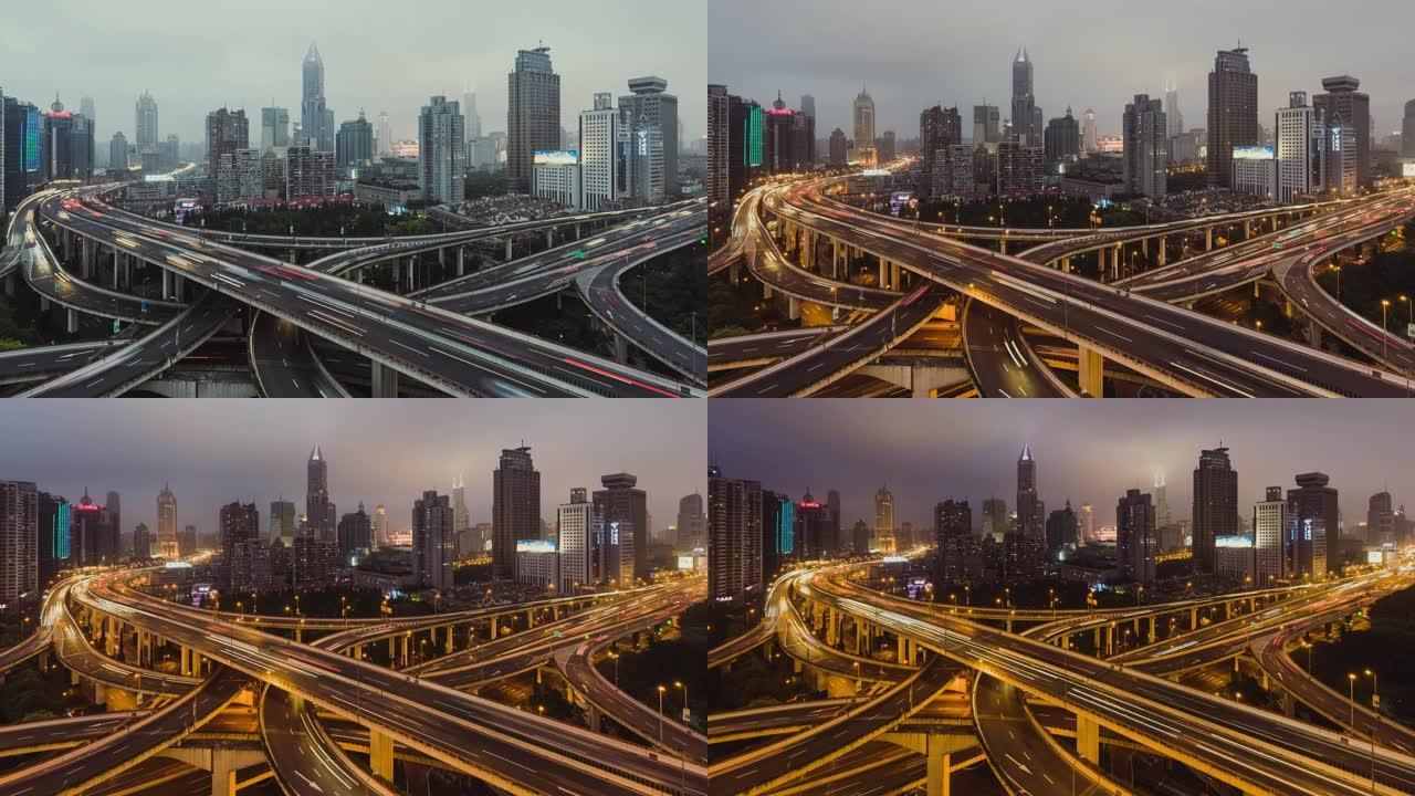 高峰时段，从白天到晚上/中国上海，过桥和城市交通的T/L ZO鸟瞰图