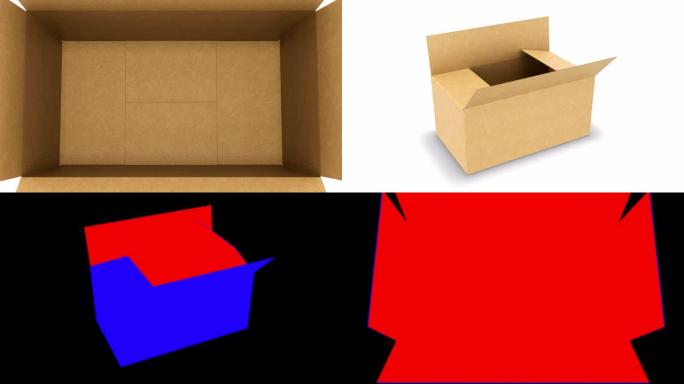 在美丽的纸板箱内外飞来飞去，用阿尔法面具打开和关闭。储物盒的循环3d动画。交付概念。
