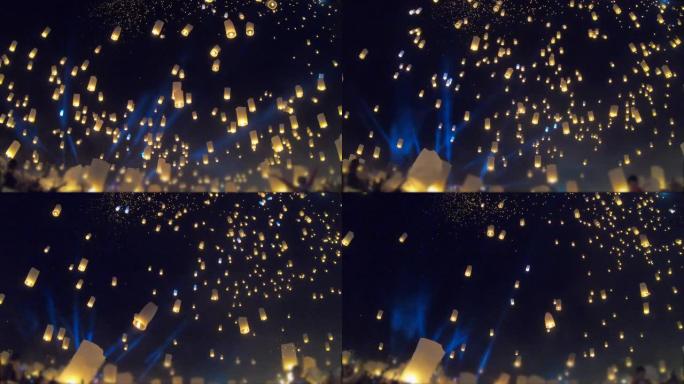 在泰国清迈的怡鹏节，水灯节上漂浮的灯笼和烟花