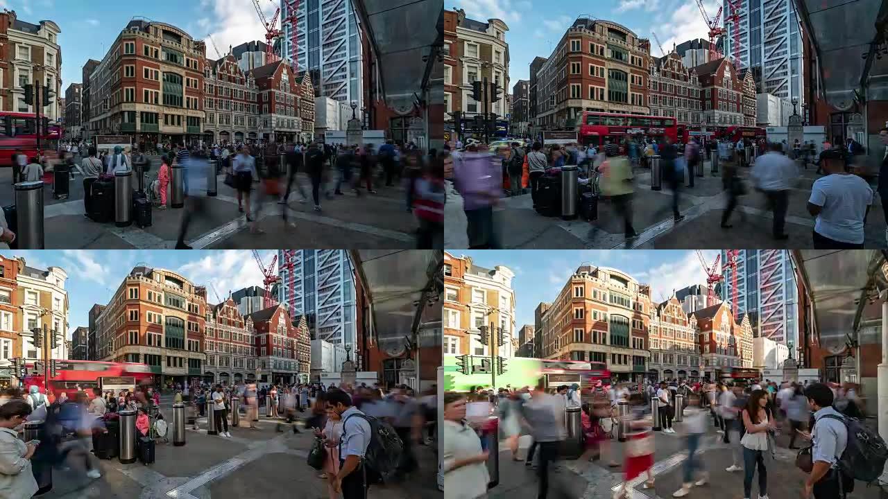 延时: 英国伦敦市中心利物浦街的行人通勤人群
