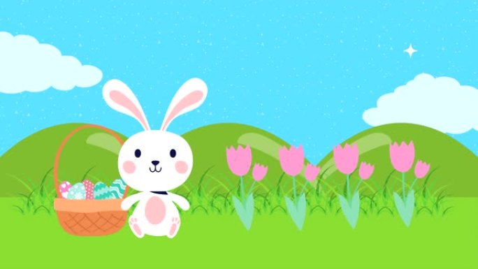 营地绘有兔子和鸡蛋的快乐复活节动画卡片