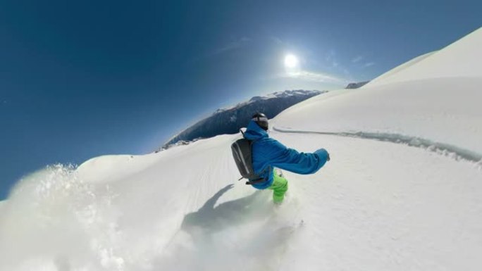 VR 360: 滑雪板骑在滑雪道上，可以看到不列颠哥伦比亚省的壮观景色。