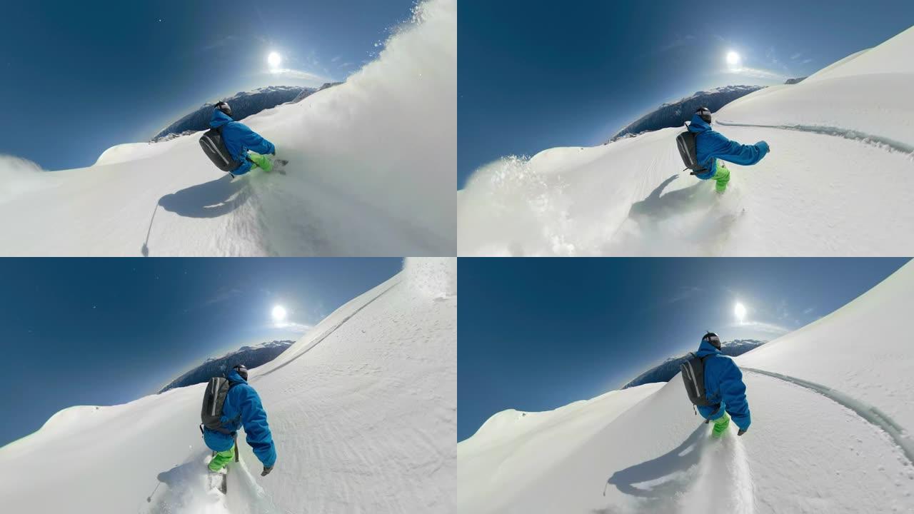 VR 360: 滑雪板骑在滑雪道上，可以看到不列颠哥伦比亚省的壮观景色。
