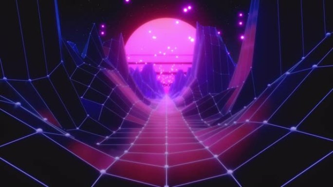 复古未来的太空飞行，在生成的山丘和地板上形成多边形网格。概念80年代90年代。奇妙的抽象霓虹灯背景。
