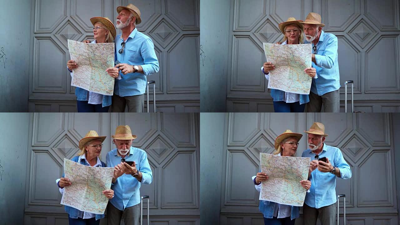 失去高级游客外国老年夫妇地图旅行