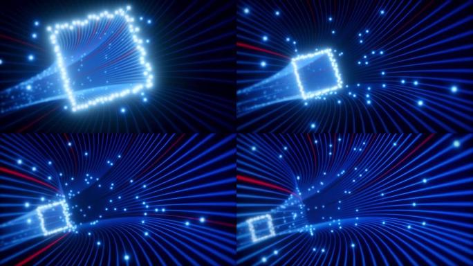光纤网络创建技术隧道线路移动的抽象3d渲染背景。神奇闪烁的霓虹灯点或发光的飞行线。无缝循环4k动画。