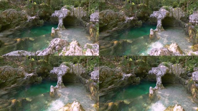 特写: 美丽的翡翠水在曲折中减速的美丽镜头
