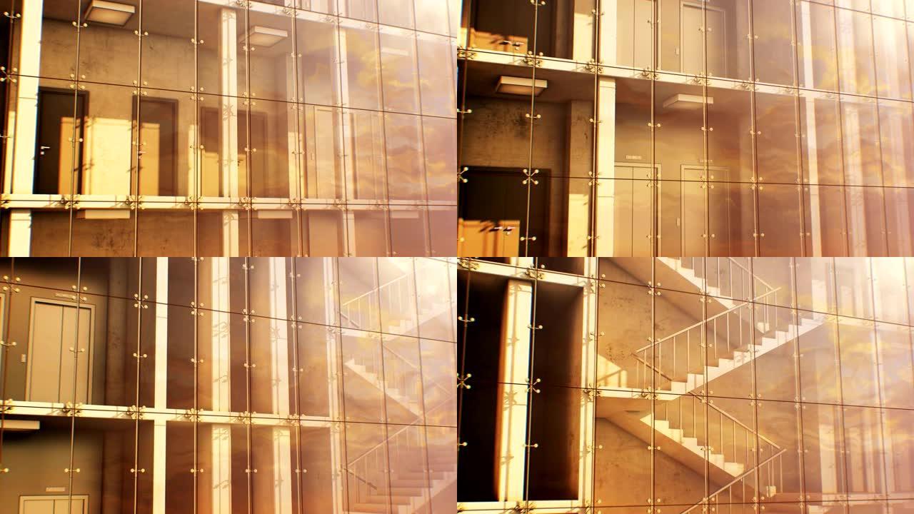 在带有日落天空反射的抽象摩天大楼立面无缝移动。现代商业中心大楼的环形3d动画。