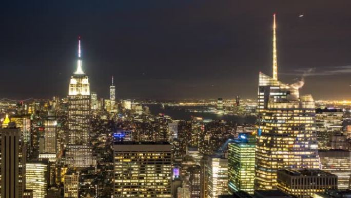 延时: 鸟瞰图纽约城市景观美国黄昏日落