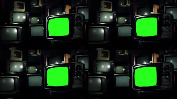 许多旧电视上的绿屏老式电视。十字音调。放大。