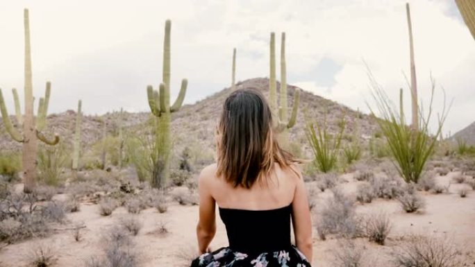 慢动作摄像机跟随年轻美丽的当地女人，头发在风中飘扬，在美国仙人掌沙漠公园散步。