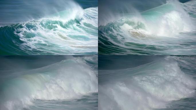 巨大的海洋海浪在水面滑动。暴风雨天气时泡沫状的绿松石波。慢动作镜头