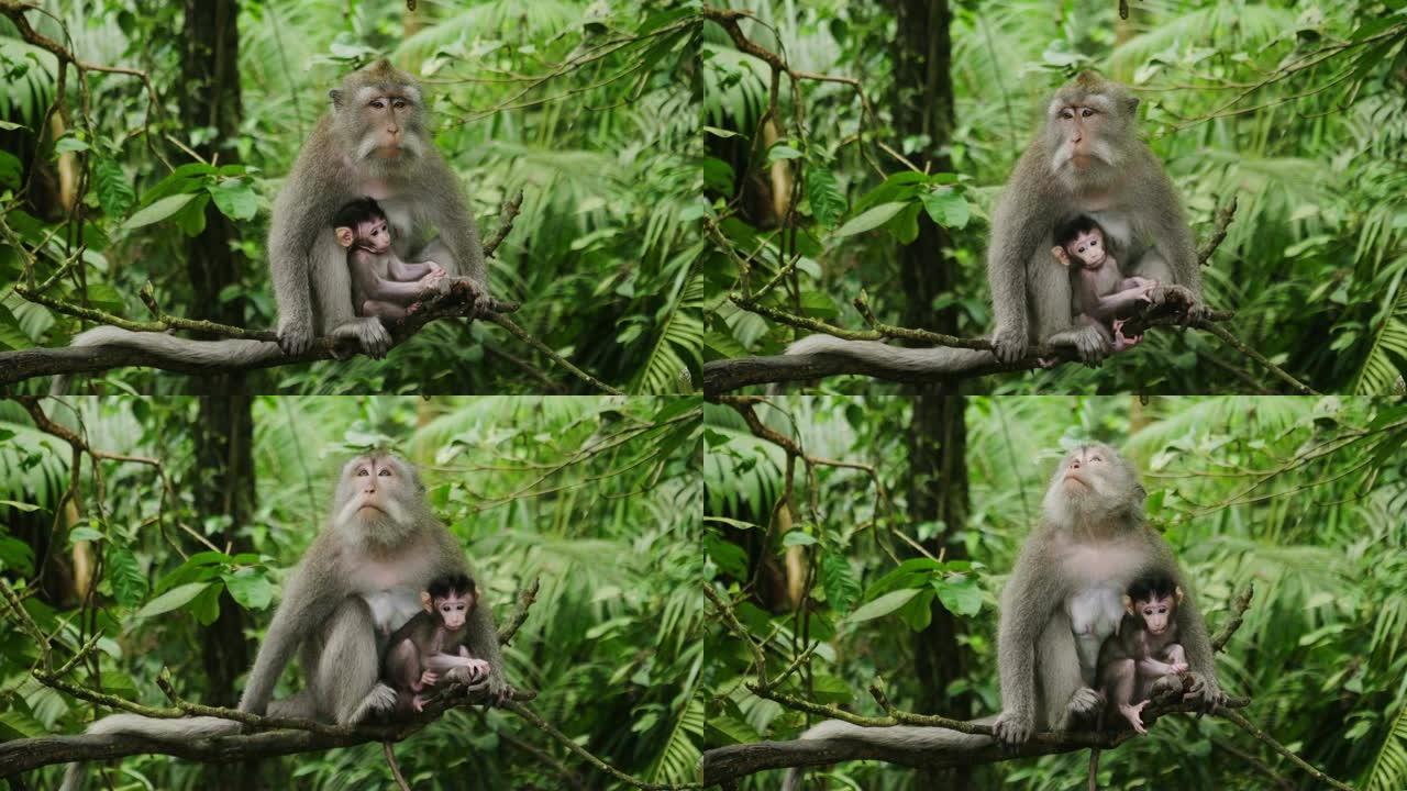 猴子带着幼崽，绿色猕猴在怀里喂养幼崽。特写。一只猴子沉浸在周围大自然的绿色中。
