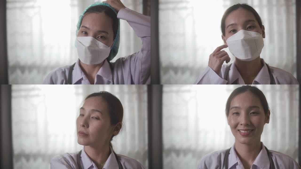 自信的亚洲女医生在实验室里摘下外科口罩和谷歌