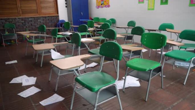 肮脏的教室里满是文件，但没有人