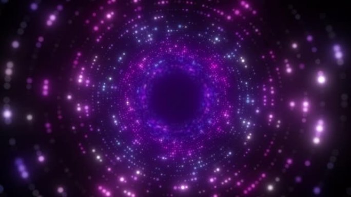 明亮的抽象波浪形运动背景。霓虹紫外线灯。螺旋隧道的发光点。明亮的亮点。激光。现代粉色和蓝色光谱。无缝