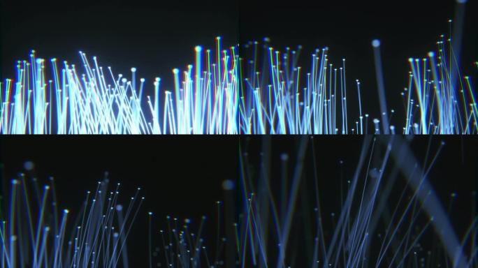 抽象技术背景。从二极管到一束的光信号分布的光纤动画。用于高速互联网连接