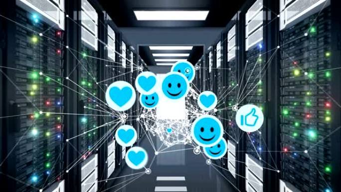 社交媒体图标网络网格全息球体在计算机之间无缝。微笑，竖起大拇指，心形符号和服务器循环3d动画。