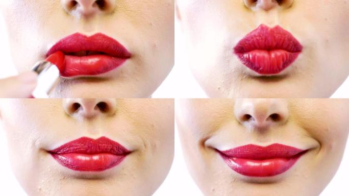 完美、红色和肉质嘴巴的微距拍摄。在嘴上，有红色的唇膏，使嘴唇更加美丽和感性。