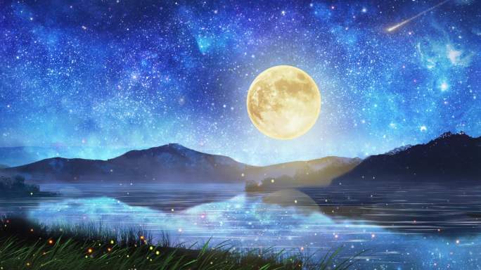 唯美湖边月亮夜景剪影星空流星水面