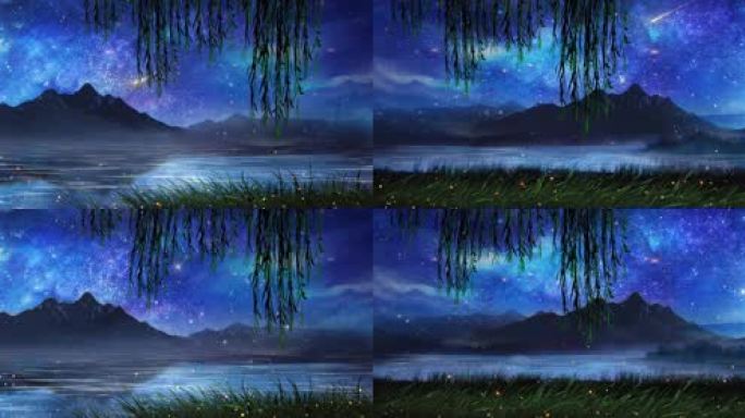 唯美湖边月亮夜景剪影星空流星水面