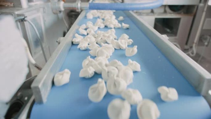 关闭饺子工厂自动机器生产过程的镜头。新鲜的生Pelmeni在传送带上移动。在食品工厂运行的工业机械。