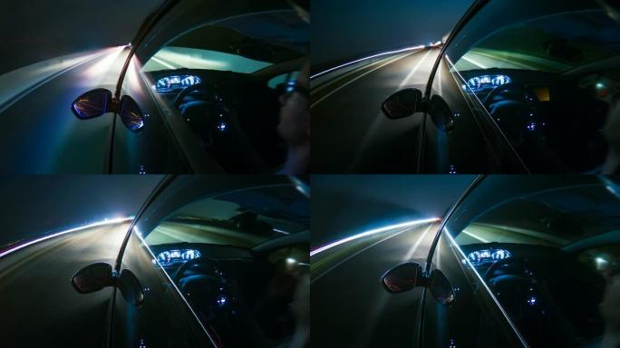 夜间在高速公路上行驶，被模糊的街道和汽车灯照亮