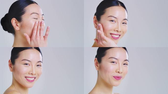 亚洲女人的慢动作，美丽的脸庞和完美的皮肤刚刚从杂质中清洗干净，用手轻轻地触摸它，以显示它是多么柔软和