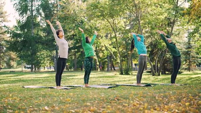 灵活的年轻女士正在做瑜伽练习，然后在秋天的时候站在公园的垫子上放松和呼吸。健康的生活方式，人与自然的