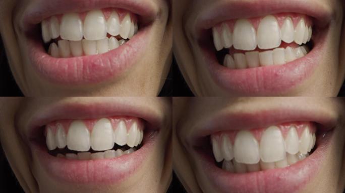 用完美的洁白牙齿近距离拍摄嘴巴。人说话，我们看到嘴和舌头的运动。女性，自然健康的红唇，甚至牙齿，笑容