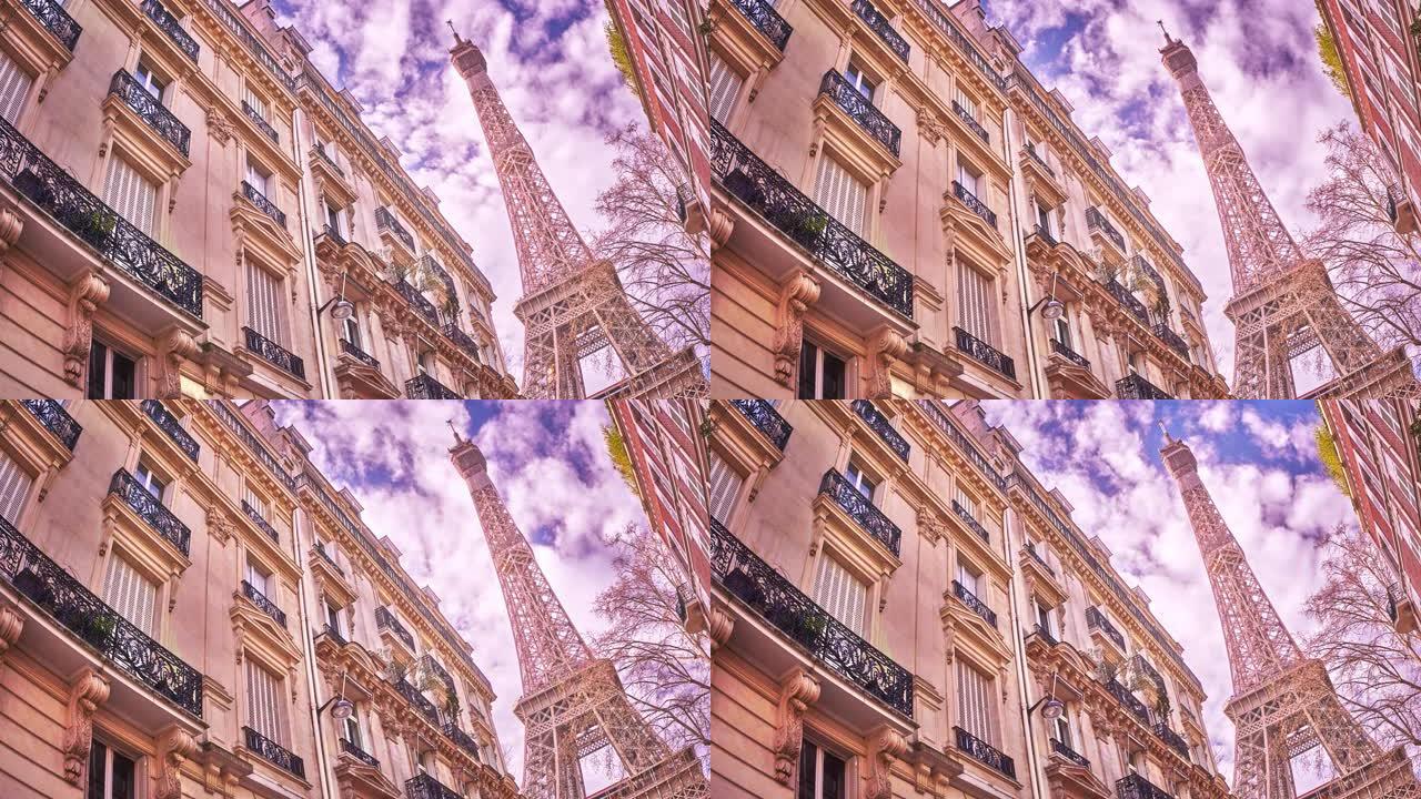 法国巴黎埃菲尔铁塔传统大观的延时。旧建筑和天际线。旅游目的地。地标。