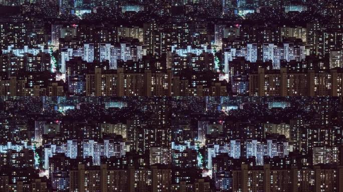 住宅建筑的T/L PAN鸟瞰图，夜间窗户闪烁/中国北京