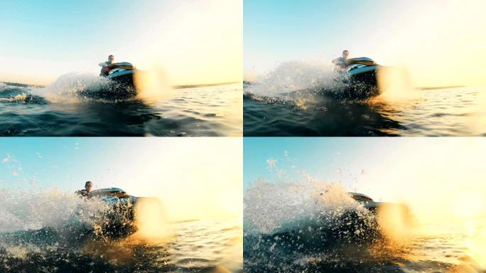 风景秀丽的水景，一个人在摩托艇上，在阳光下waverunner车辆