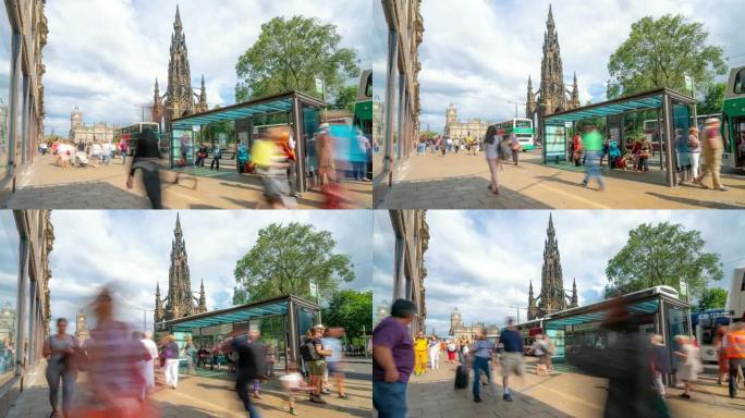 英国爱丁堡苏格兰游客拥挤的王子购物街的时间流逝