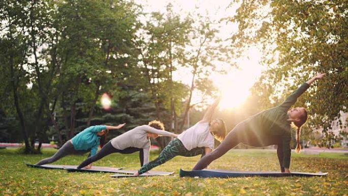 穿着运动服的好看的女人在秋天的晴天在公园里做瑜伽练习，享受练习和自然。青年与体育观念。