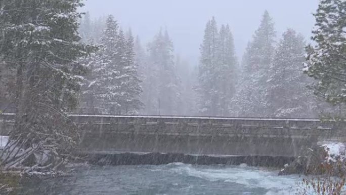 暴风雪惩罚混凝土桥过河冲过森林