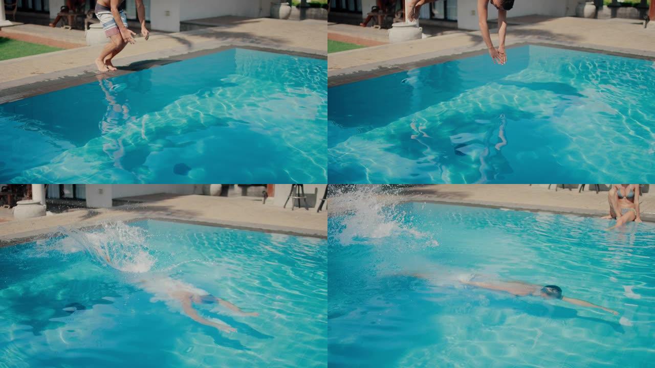 帅哥一头扎进游泳池。有吸引力的运动员跳入室外游泳池的蓝色水中降温。美丽的假期概念