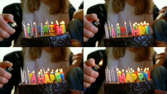 祖父在生日蛋糕4k上点燃蜡烛的特写