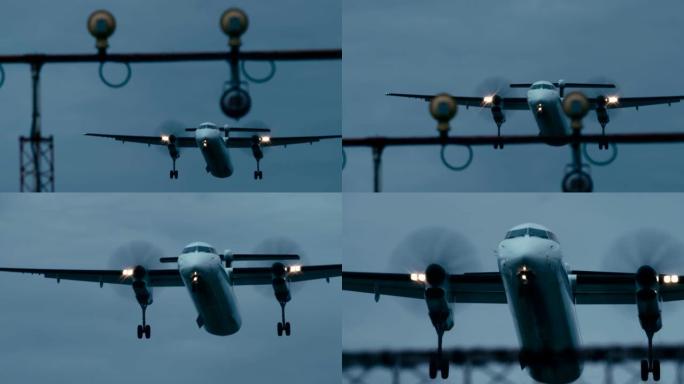 一架即将降落的喷气式客机的电影镜头。