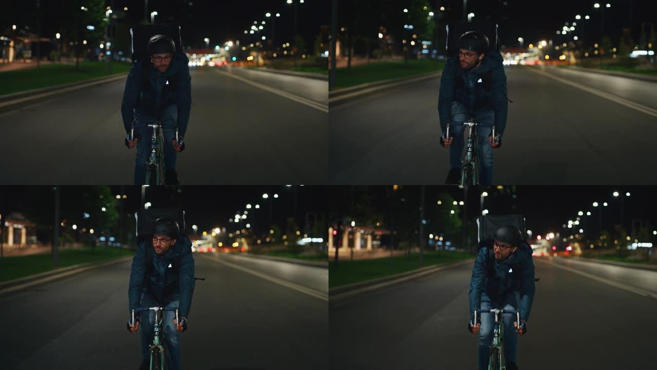 一个年轻的快递员骑着自行车，用慢镜头触摸一个未来派的屏幕，上面有增强现实全息图地图，可以在一个晚上在