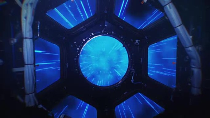 太空飞船上的抽象超级跳跃从窗口看，元素由NASA完成
