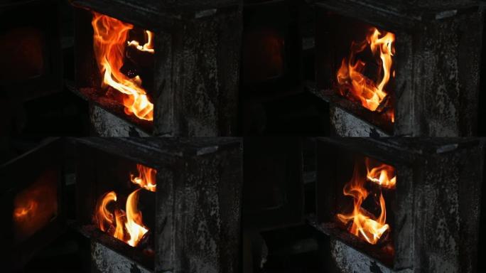 在寒冷中保持温暖壁炉燃烧升格慢镜头冬日温
